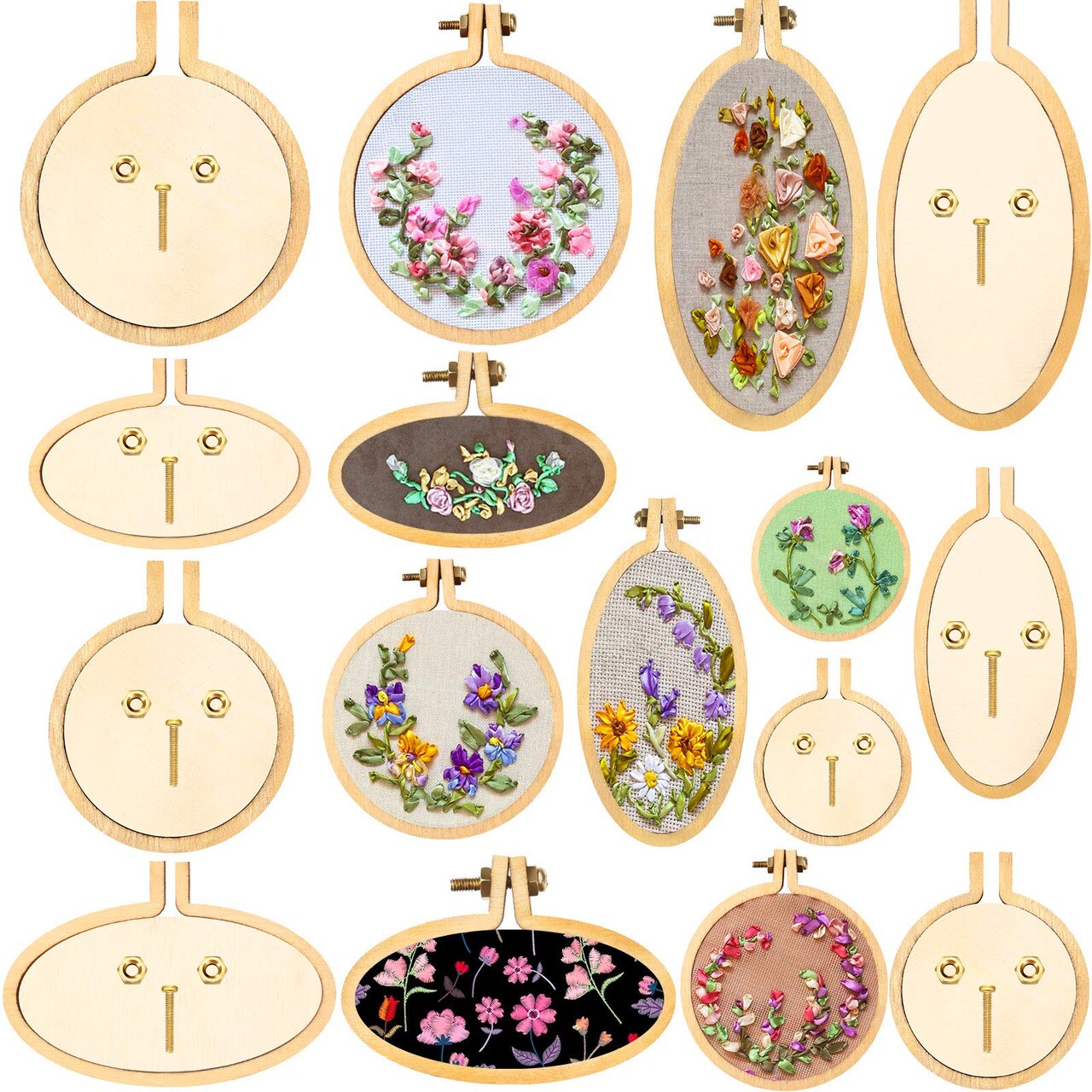 Mini Embroidery Hoop Wooden Mini Stitch Hoop Ring for DIY Pendant Crafts, Round, Oval Vertical, Oval Horizontal(16 Sets)